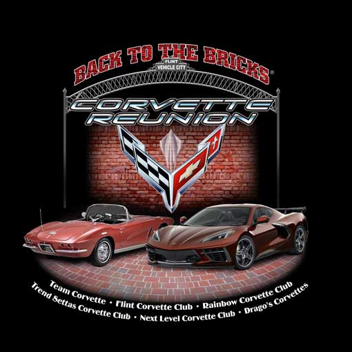 Vintage and modern Corvettes showcased under a neon sign with a brick wall backdrop.