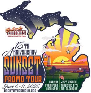 Colorful 15th anniversary Sunset Promo Tour graphic with dolphins and sunset.