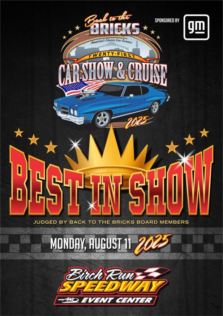 Vintage car show event poster highlighting "Best in Show" on August 11, 2023.