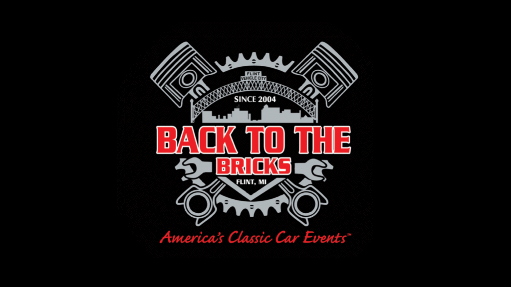 Logo for Back to the Bricks classic car events with engine and gear graphics.