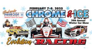 Cartoon racecar driver holding flags for a 2025 racing event.