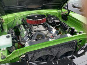 Bright green car engine bay showcasing a clean, powerful engine with a red air filter.