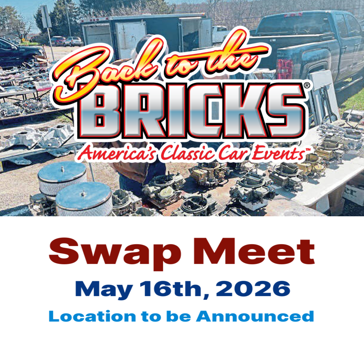 Advertisement for a classic car swap meet event in May 2026.