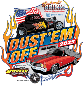 Logo for the 2025 Dust 'Em Off classic car show with a red vintage car and flaming accents.
