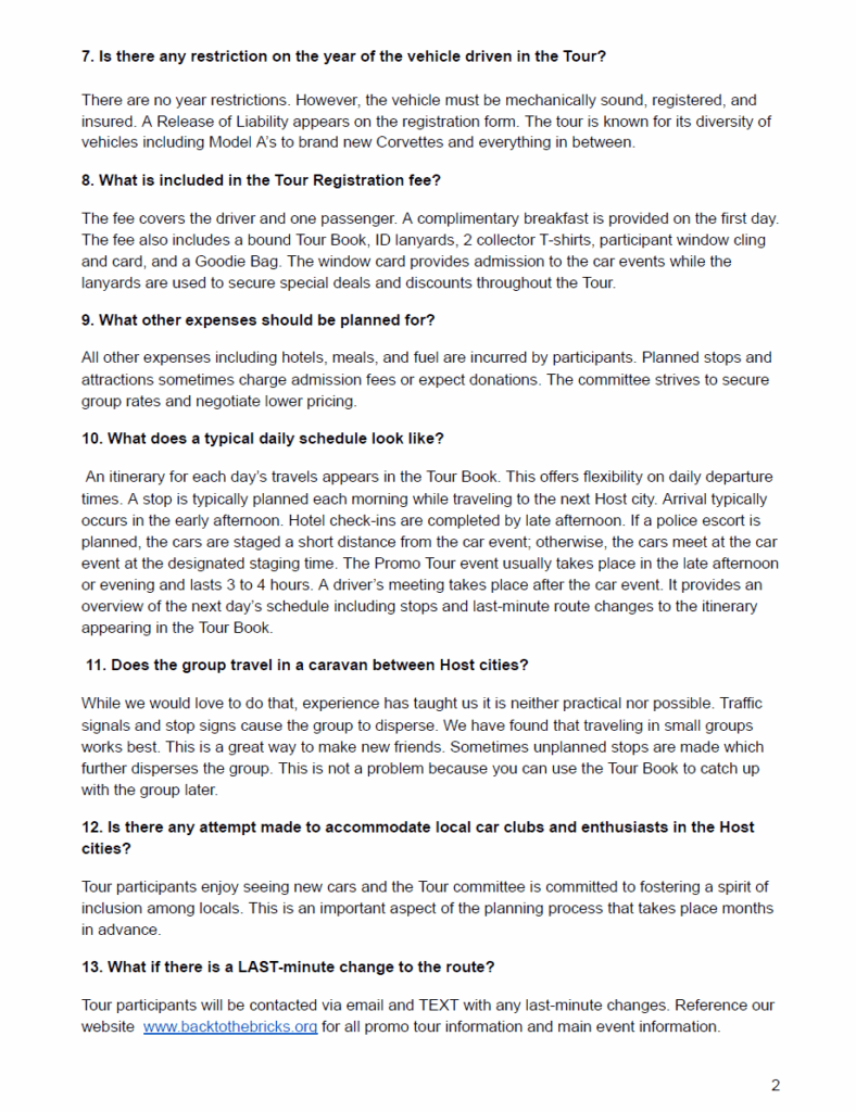 Text document with FAQs about vehicle tour.