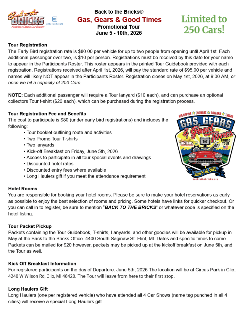 Promotional tour flyer for car event, 2026.